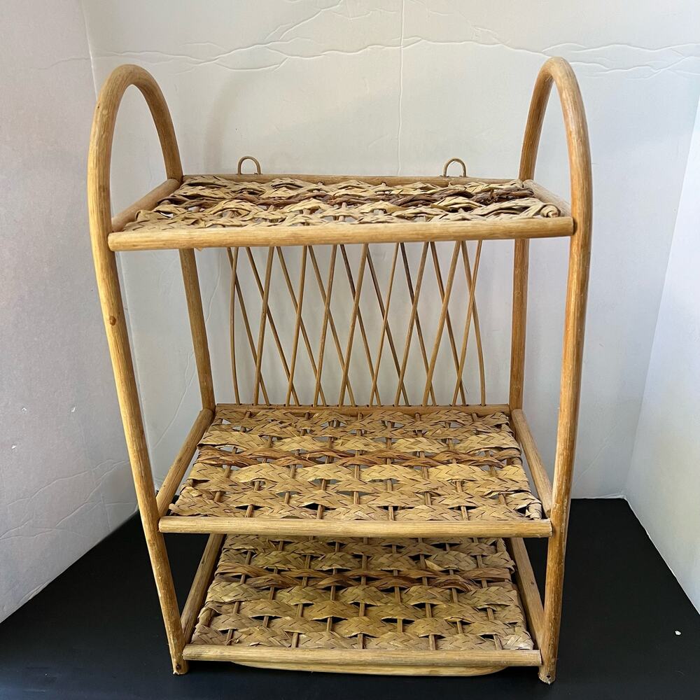 Vintage Wicker Rattan Wall Cabinet Shelf Hanging Bathroom Boho MCM Folding Towel